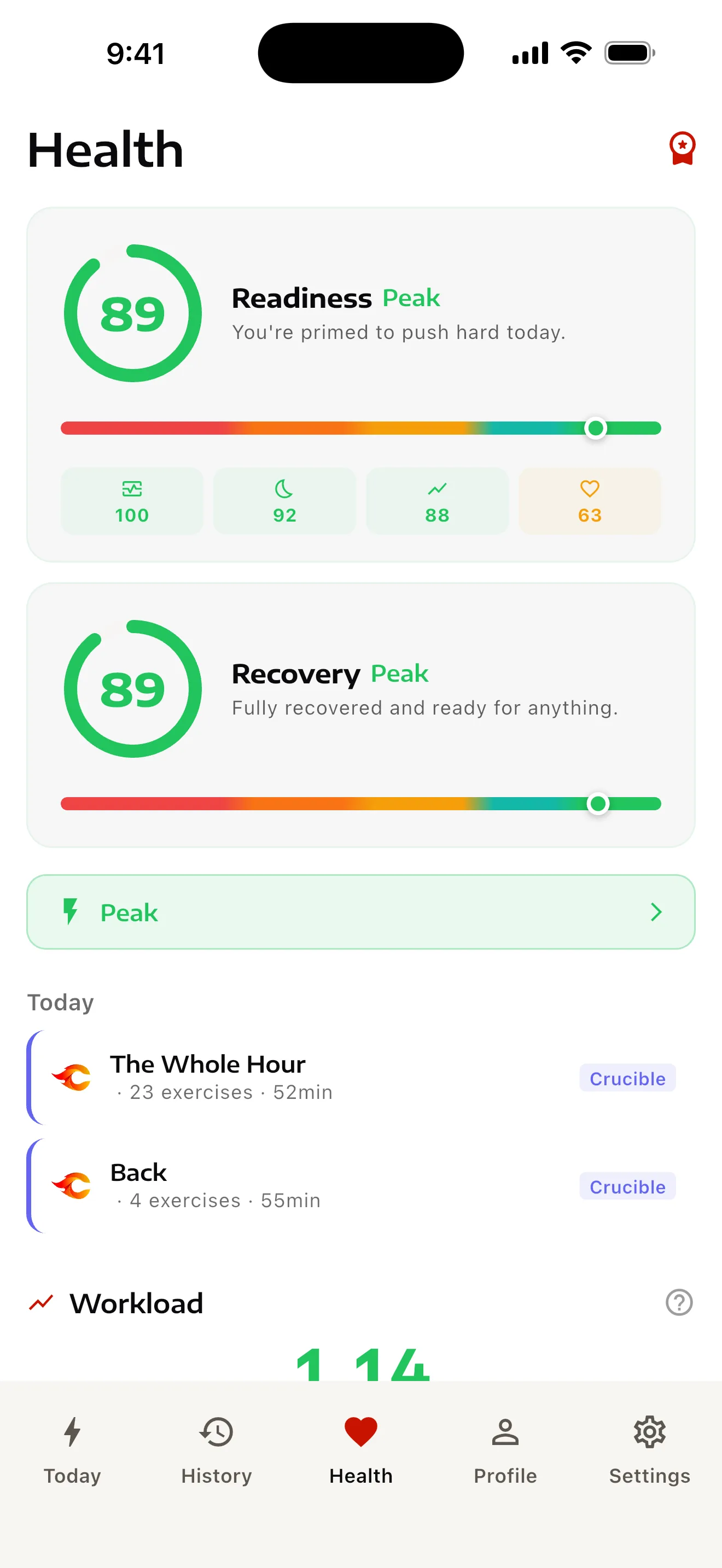 The Health screen: a readiness of 89 built from HRV, sleep, training load and resting heart rate.