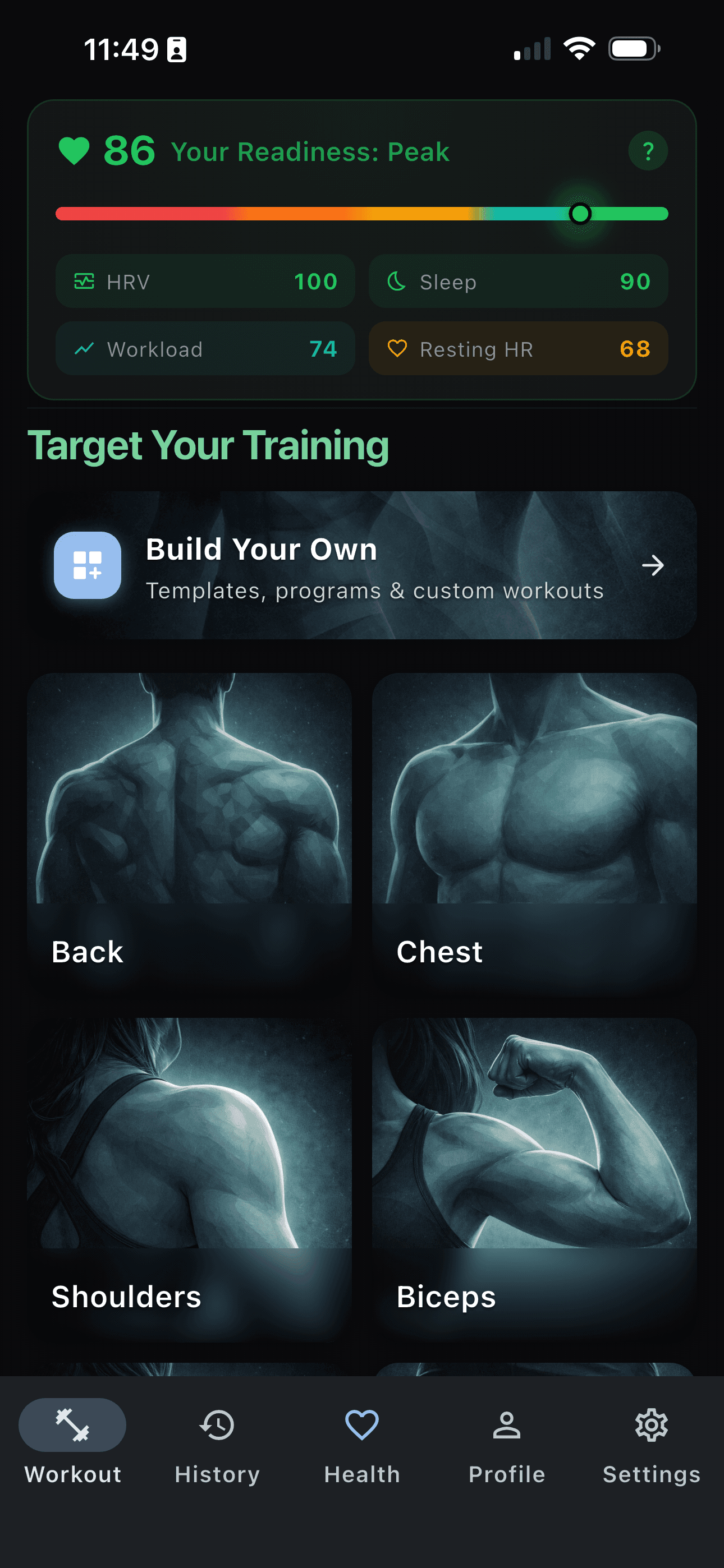 Crucible workout screen showing readiness and muscle group selection