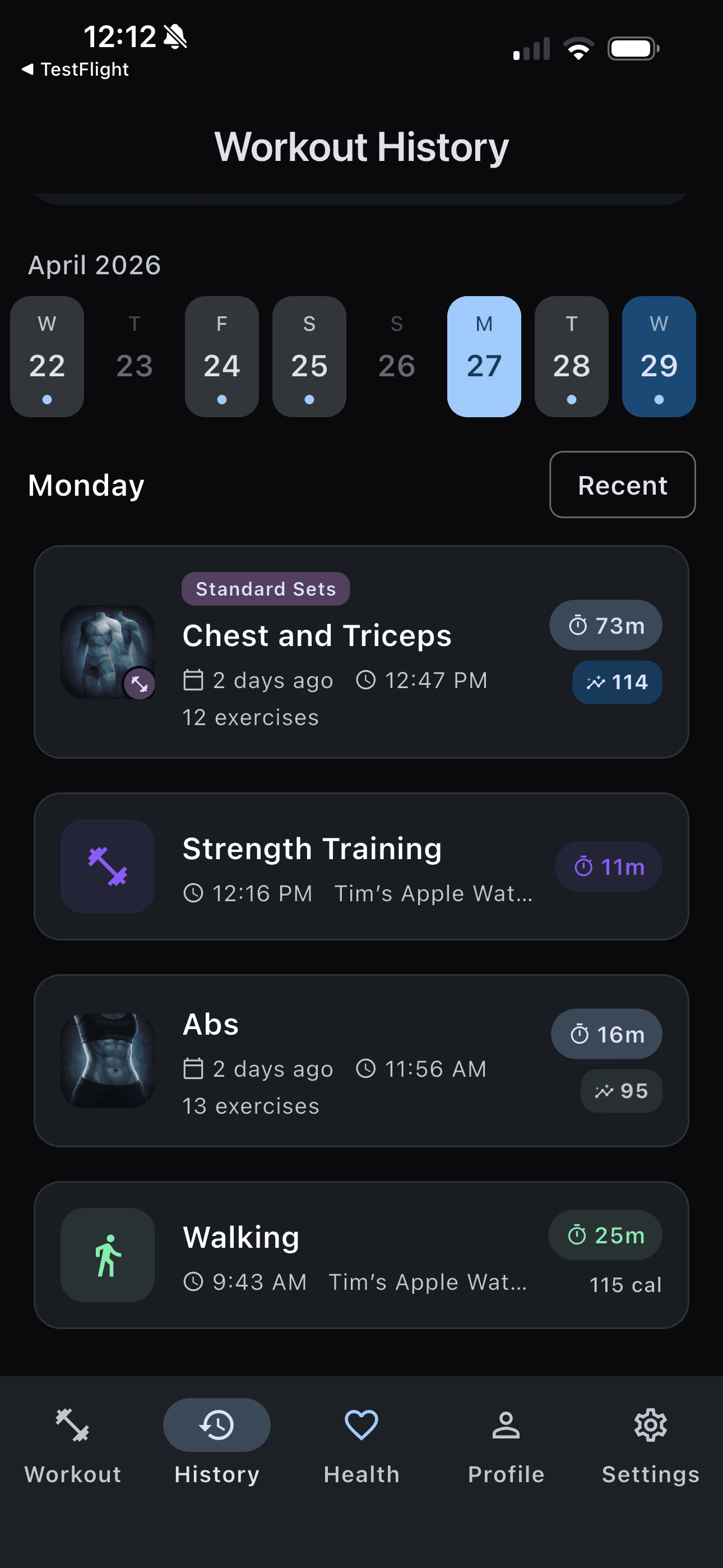 Crucible workout history list organized by date
