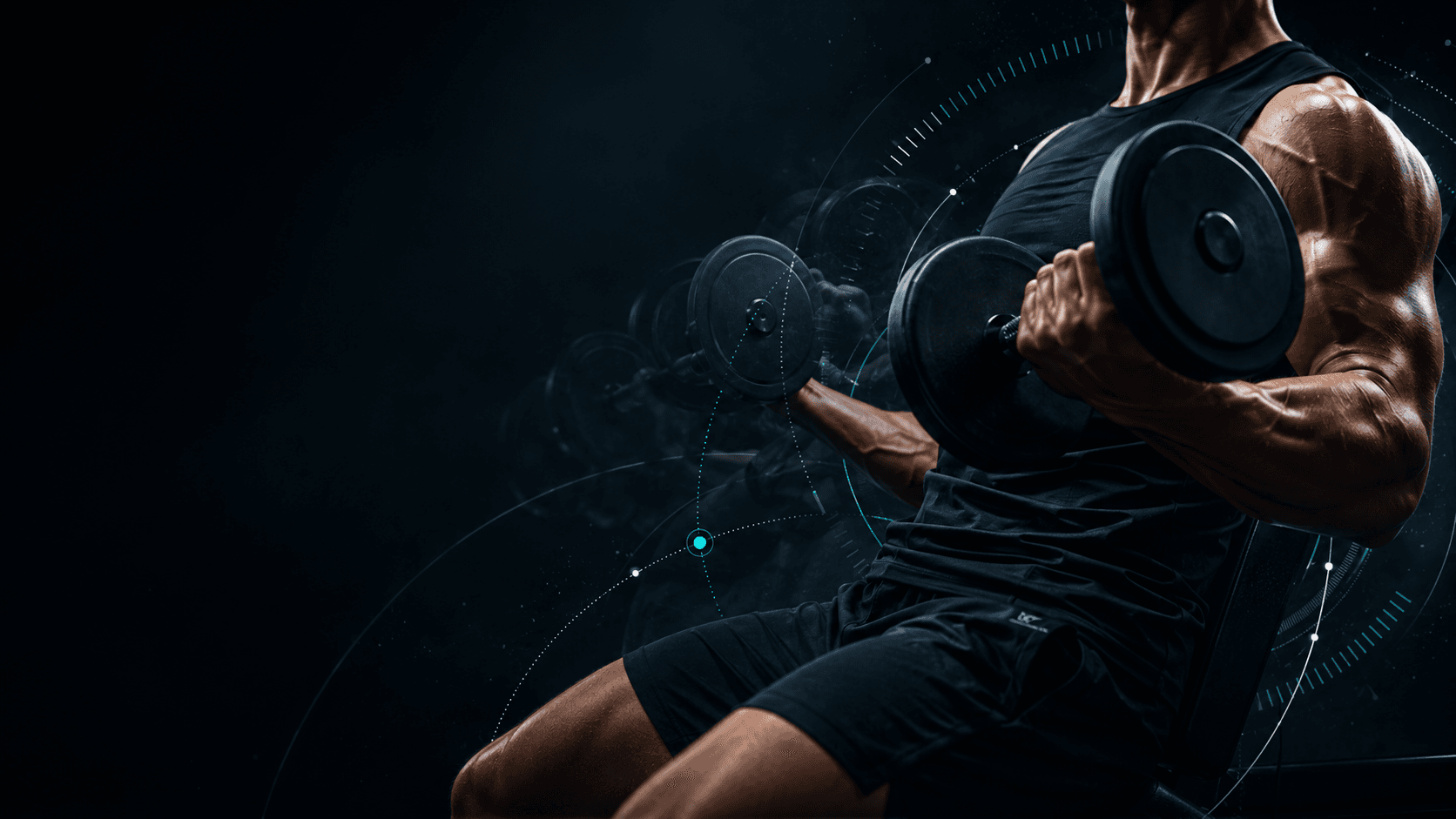 Athlete mid dumbbell curl with motion-blurred reps in a dark gym