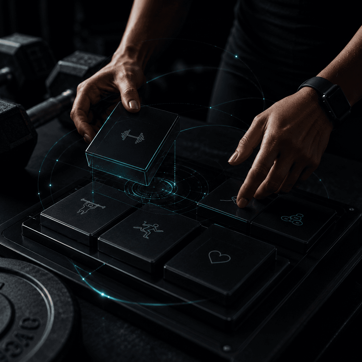 Hands arranging modular workout blocks