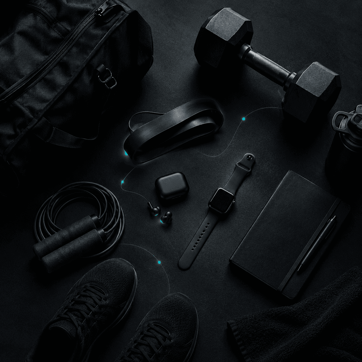 Flat lay of gym gear: bag, dumbbell, watch, shoes, earbuds, band, and notebook